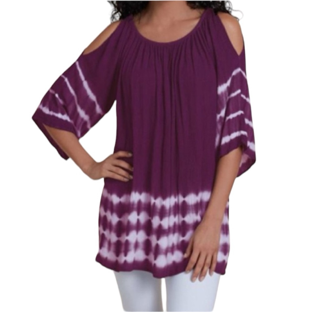 Soft Surroundings Cold Shoulder Oversized Peasant Blouse Crinkle Top Tun